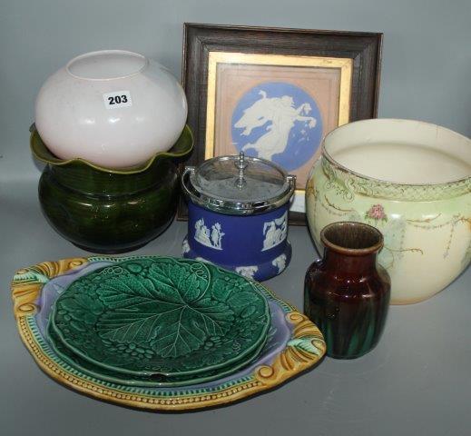 Bretby jardiniere, Jasperware plaque etc